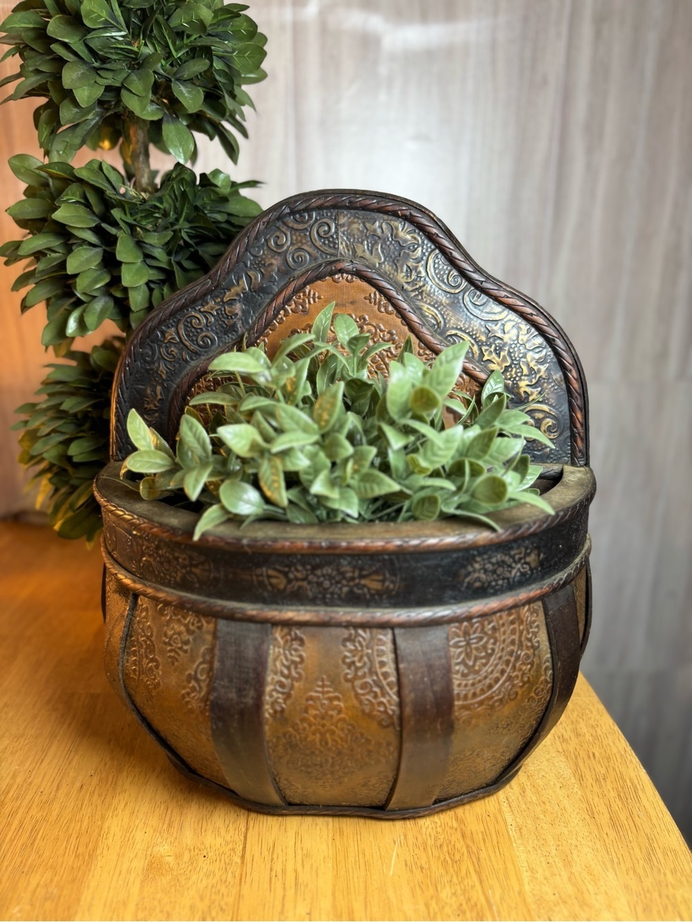 Vintage Spanish Revival Embossed Metal and Wood Wall Pocket Decor - Picture 9 of 11